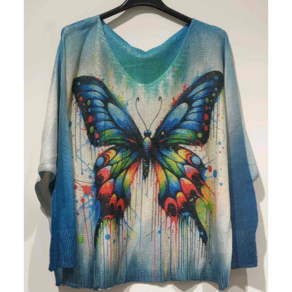 L98 Loowie Blue Butterfly Round Neck Knit Printed Sweater One Size